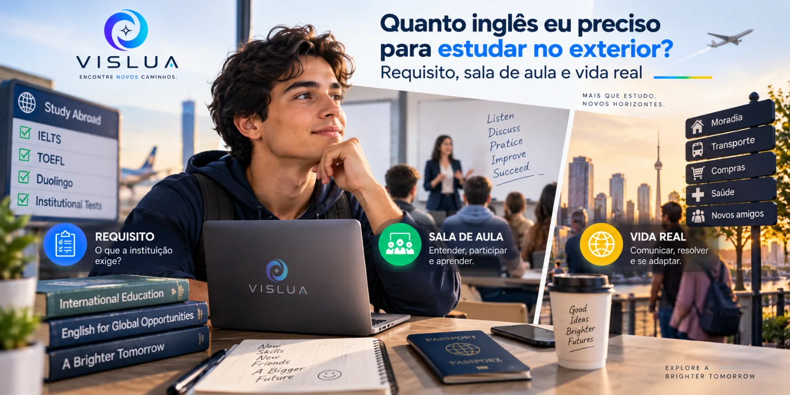Estudante planejando o inglês necessário para requisitos de admissão, sala de aula e vida cotidiana no exterior.
